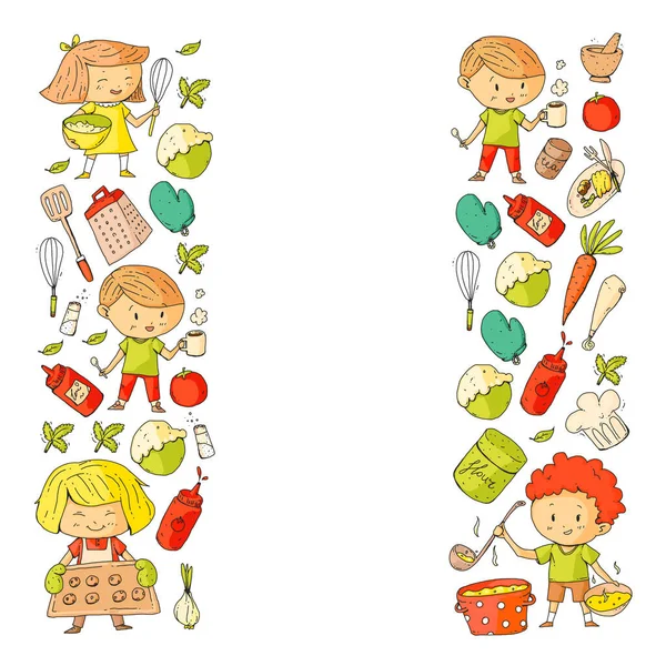 Cibo sano e cucina. Frutta, verdura, famiglia. Set di vettori Doodle . — Vettoriale Stock