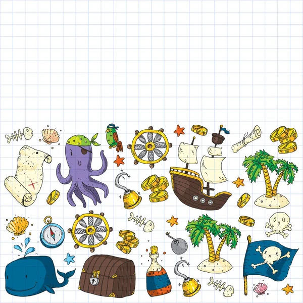 Pesta bajak laut. Ilustrasi untuk anak-anak kecil. Anak-anak perayaan ulang tahun dengan harta karun pulau, gurita, bajak laut - Stok Vektor