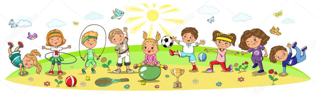 Kindergarten, school children sport activity. Soccer, running, jumping, football, tennis, gymnastic Royalty Free Stock Illustrations