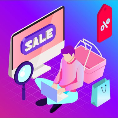 İnternetten alışveriş. İş illüstrasyonunda vektör. Satış, internet, tasarım Dijital Pazarlama