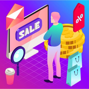 İnternetten alışveriş. İş illüstrasyonunda vektör. Satış, internet, tasarım Dijital Pazarlama