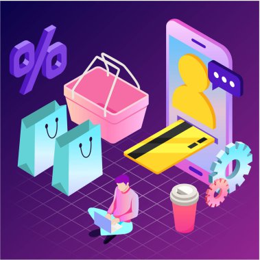 İnternetten alışveriş. İş illüstrasyonunda vektör. Satış, internet, tasarım. Dijital pazarlama resmi.