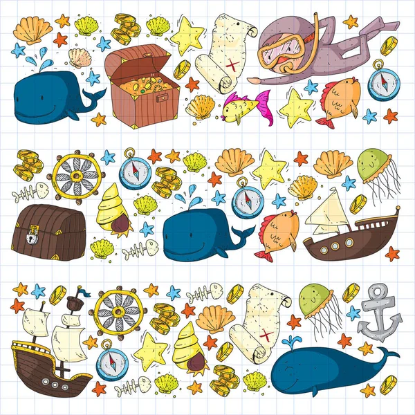 Iconos vectoriales de aventura marina para niños pequeños. Patrón náutico para niños. Ballena, piratas, mapa pirata, cofre del tesoro, buceo y peces. — Vector de stock