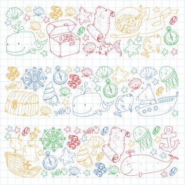 Küçük çocuklar için deniz okyanusu macerasının simgeleri. Çocuklar için deniz şablonu. Balina, korsanlar, korsan haritası, hazine sandığı, dalış ve balıklar.