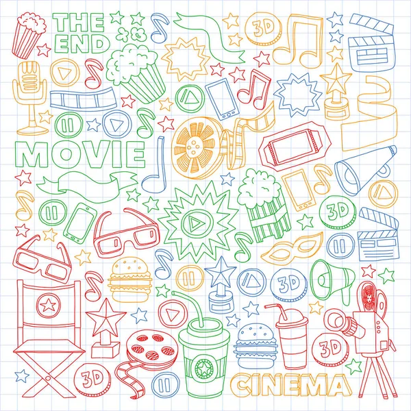 电影、电影、涂鸦手绘草图矢量符号和物体 — 图库矢量图片