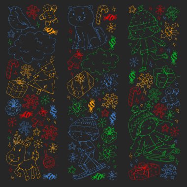 Çocuklu bir Noel kış vektörü. Çocuklar tatil ve spor.