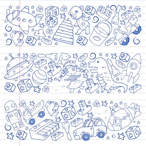 Uppsättning vektorleksaker för små barn. Ufo, ubåt. Tecknad dinosaurie. Förskolebarn. — Stock vektor