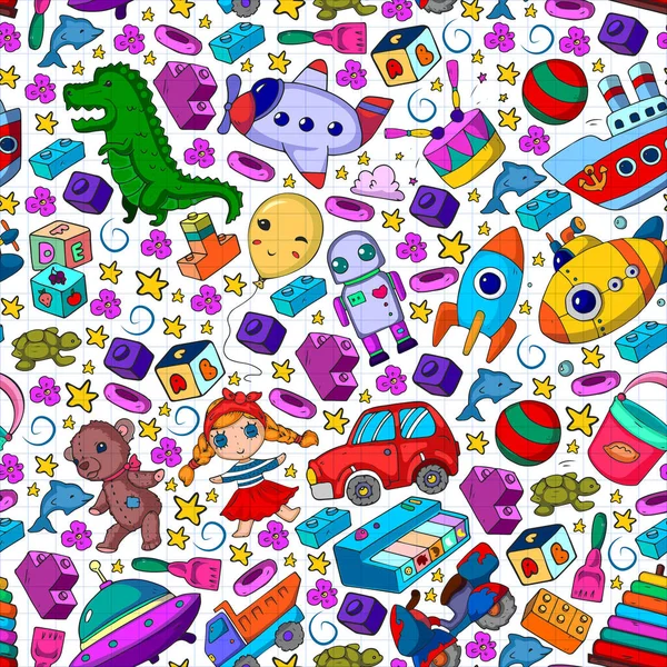 Conjunto de juguetes vectoriales para niños pequeños. Ufo, submarino. Dinosaurio de dibujos animados. Niños de jardín de infantes. — Vector de stock
