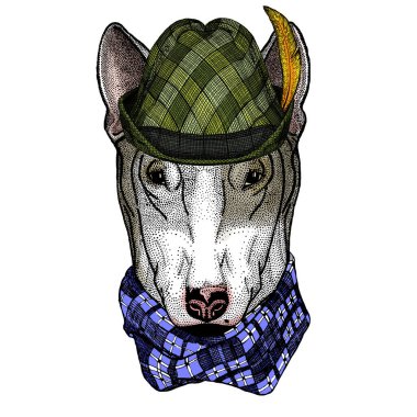 Bullterrier, dostum. Avusturya bavyera tirol şapkası. Bira festivali. Ekim Festivali.