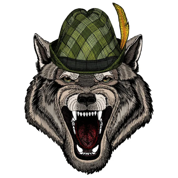 Wolf portrait. Austrian bavarian tirol hat. Beer festival. Oktoberfest. Head of wild animal. — Stock Vector