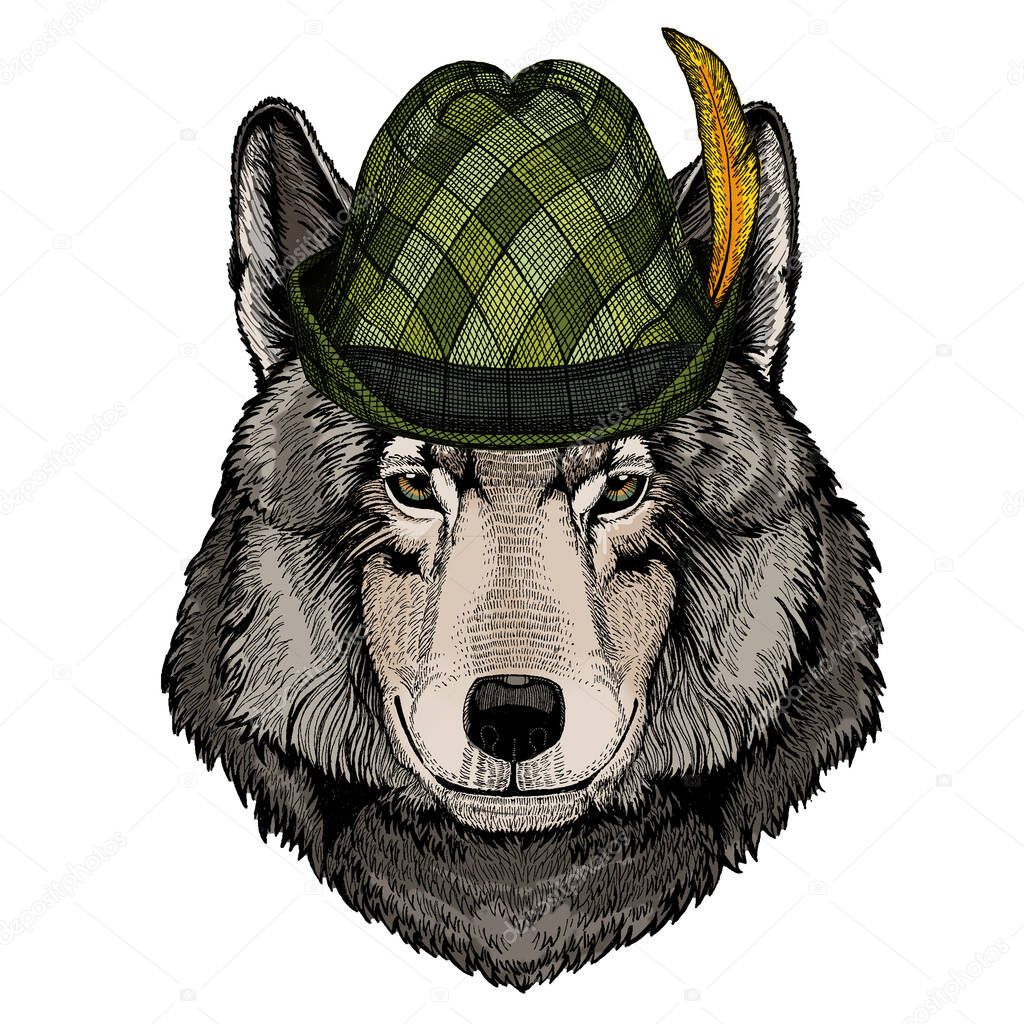 Animal portrait. Austrian bavarian tirol hat. Beer festival. Oktoberfest.