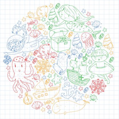 Küçük çocuklar için deniz okyanusu macerasının simgeleri. Çocuklar için deniz şablonu. Balina, korsanlar, korsan haritası, hazine sandığı, dalış ve balıklar.