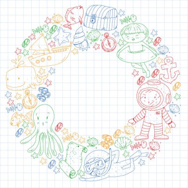 Küçük çocuklar için deniz okyanusu macerasının simgeleri. Çocuklar için deniz şablonu. Balina, korsanlar, korsan haritası, hazine sandığı, dalış ve balıklar.