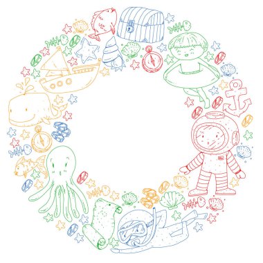 Küçük çocuklar için deniz okyanusu macerasının simgeleri. Çocuklar için deniz şablonu. Balina, korsanlar, korsan haritası, hazine sandığı, dalış ve balıklar.