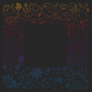 Küçük çocuklar için deniz okyanusu macerasının simgeleri. Çocuklar için deniz şablonu. Balina, korsanlar, korsan haritası, hazine sandığı, dalış ve balıklar.