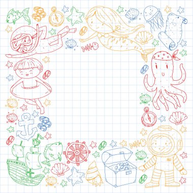 Küçük çocuklar için deniz okyanusu macerasının simgeleri. Çocuklar için deniz şablonu. Balina, korsanlar, korsan haritası, hazine sandığı, dalış ve balıklar.