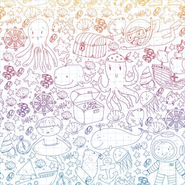 Küçük çocuklar için deniz okyanusu macerasının simgeleri. Çocuklar için deniz şablonu. Balina, korsanlar, korsan haritası, hazine sandığı, dalış ve balıklar.