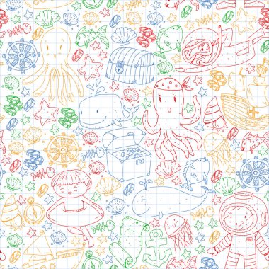 Küçük çocuklar için deniz okyanusu macerasının simgeleri. Çocuklar için deniz şablonu. Balina, korsanlar, korsan haritası, hazine sandığı, dalış ve balıklar.