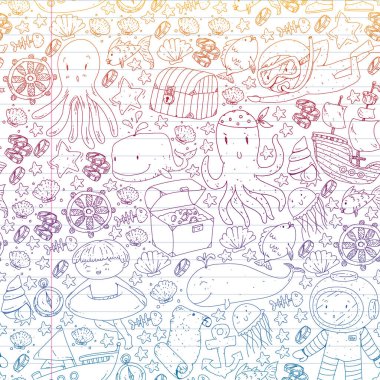 Küçük çocuklar için deniz okyanusu macerasının simgeleri. Çocuklar için deniz şablonu. Balina, korsanlar, korsan haritası, hazine sandığı, dalış ve balıklar.