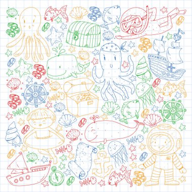 Küçük çocuklar için deniz okyanusu macerasının simgeleri. Çocuklar için deniz şablonu. Balina, korsanlar, korsan haritası, hazine sandığı, dalış ve balıklar.