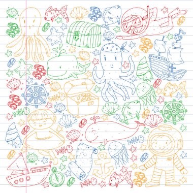 Küçük çocuklar için deniz okyanusu macerasının simgeleri. Çocuklar için deniz şablonu. Balina, korsanlar, korsan haritası, hazine sandığı, dalış ve balıklar.