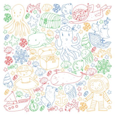 Küçük çocuklar için deniz okyanusu macerasının simgeleri. Çocuklar için deniz şablonu. Balina, korsanlar, korsan haritası, hazine sandığı, dalış ve balıklar.