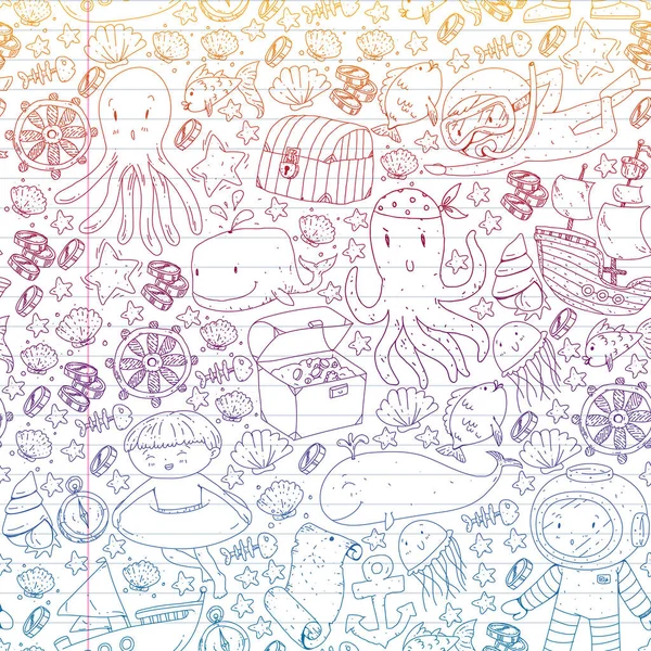 Küçük çocuklar için deniz okyanusu macerasının simgeleri. Çocuklar için deniz şablonu. Balina, korsanlar, korsan haritası, hazine sandığı, dalış ve balıklar.