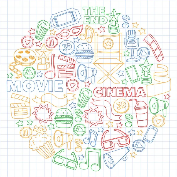 Cinema, film, film doodles hand getekend schetsmatige vector symbolen en objecten — Stockvector