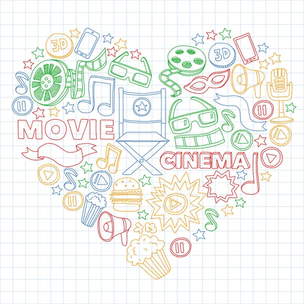 Mozi, film, film firka kézzel rajzolt vázlatos vektor szimbólumok és tárgyak — Stock Vector