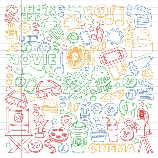 Cinema, cinema, filme rabiscos desenhados à mão símbolos vetoriais esboçados e objetos — Vetor de Stock