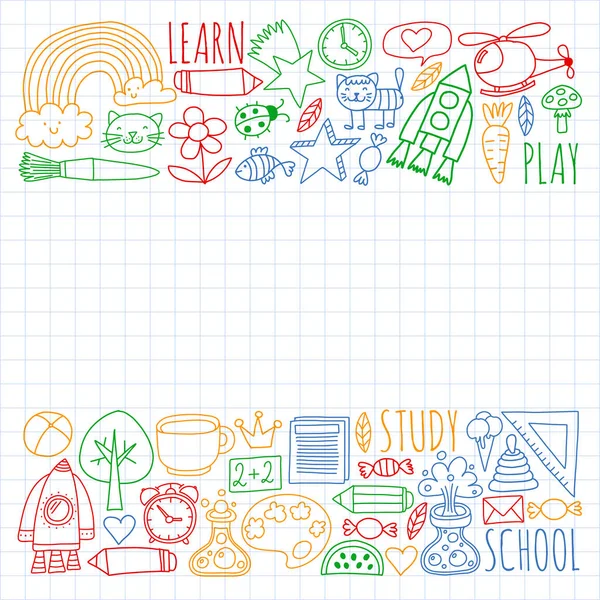 Jardin d'enfants et éducation scolaire en ligne. Leçons pour les petits garçons et les filles. — Image vectorielle