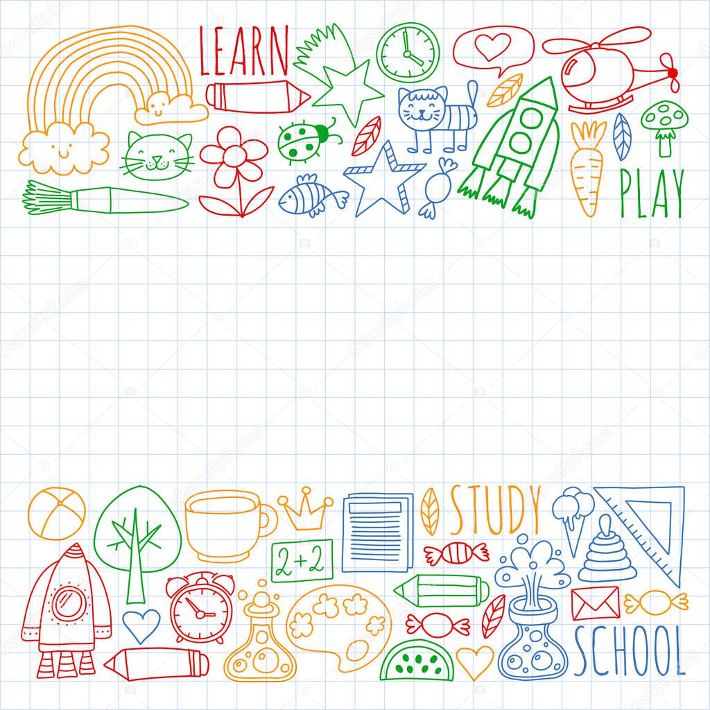 Kindergarten banner with funny kids drawing - vector design