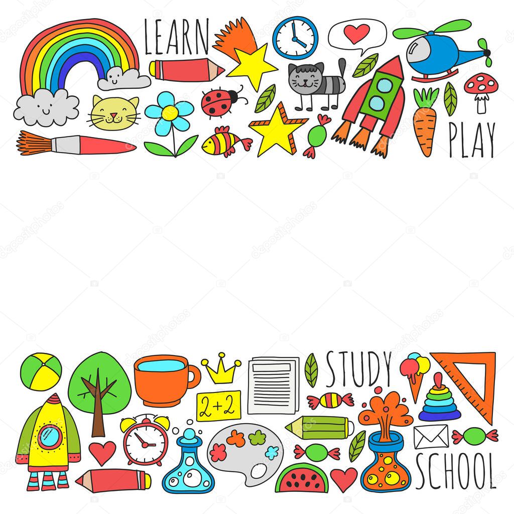 Kindergarten and school online education. Lessons for little boys and girls.