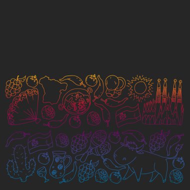 İspanya vektör simgeleri. İspanyol paella, karides, zeytin, üzüm, yelpaze, şarap fıçısı, gitar, müzik aletleri, elbiseler, boğa, gül, bayrak ve harita ile el çizimi..