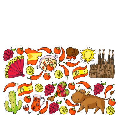 İspanya vektör simgeleri. İspanyol paella, karides, zeytin, üzüm, yelpaze, şarap fıçısı, gitar, müzik aletleri, elbiseler, boğa, gül, bayrak ve harita ile el çizimi..