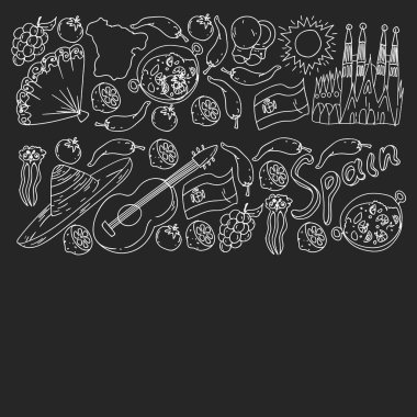 İspanya vektör simgeleri. İspanyol paella, karides, zeytin, üzüm, yelpaze, şarap fıçısı, gitar, müzik aletleri, elbiseler, boğa, gül, bayrak ve harita ile el çizimi..