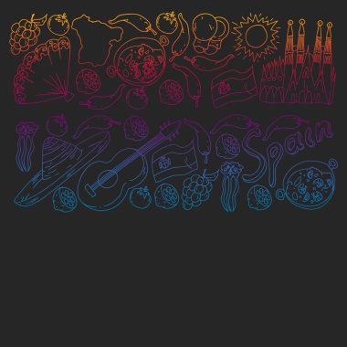 İspanya vektör simgeleri. İspanyol paella, karides, zeytin, üzüm, yelpaze, şarap fıçısı, gitar, müzik aletleri, elbiseler, boğa, gül, bayrak ve harita ile el çizimi..