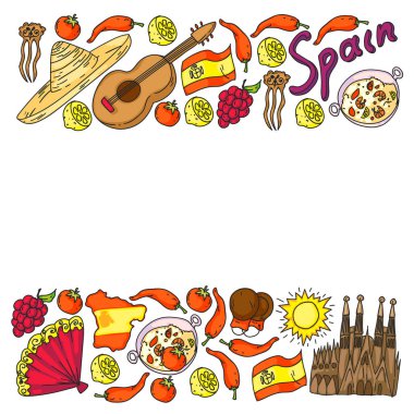 İspanya vektör simgeleri. İspanyol paella, karides, zeytin, üzüm, yelpaze, şarap fıçısı, gitar, müzik aletleri, elbiseler, boğa, gül, bayrak ve harita ile el çizimi..