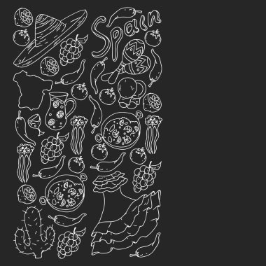 İspanya vektör simgeleri. İspanyol paella, karides, zeytin, üzüm, yelpaze, şarap fıçısı, gitar, müzik aletleri, elbiseler, boğa, gül, bayrak ve harita ile el çizimi..