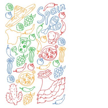 İspanya vektör simgeleri. İspanyol paella, karides, zeytin, üzüm, yelpaze, şarap fıçısı, gitar, müzik aletleri, elbiseler, boğa, gül, bayrak ve harita ile el çizimi..