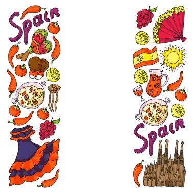 İspanya vektör simgeleri. İspanyol paella, karides, zeytin, üzüm, yelpaze, şarap fıçısı, gitar, müzik aletleri, elbiseler, boğa, gül, bayrak ve harita ile el çizimi..
