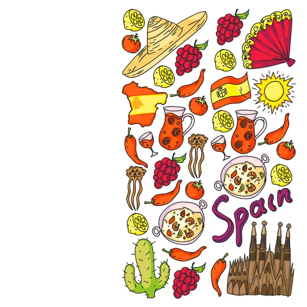 Iconos vectoriales España. Set dibujado a mano con paella de comida española, camarones, aceitunas, uva, abanico, barril de vino, guitarras, instrumentos musicales, vestidos, toro, rosa, bandera y mapa, letras. — Vector de stock