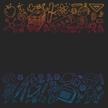 Sevimli okul çocukları. Hayal gücü ve yaratıcılık. Çal ve öğren, şarkı söyle, dans et, oku, çizim yap.