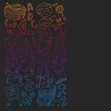 Sevimli okul çocukları. Hayal gücü ve yaratıcılık. Çal ve öğren, şarkı söyle, dans et, oku, çizim yap.