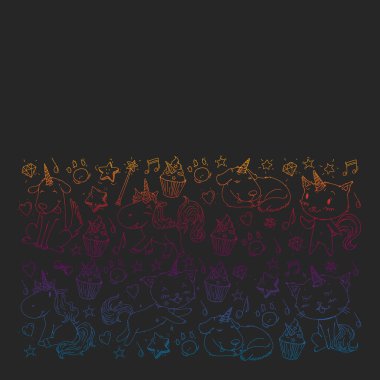 Tek boynuzlu atlar, gökkuşağı, konfeti ve diğer elementlerle desen. Çizgi filmdeki çıkartmalar, raptiyeler ve yamalarla vektör arkaplan. Kediler ve köpekler..