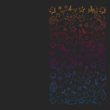 Tek boynuzlu atlar, gökkuşağı, konfeti ve diğer elementlerle desen. Çizgi filmdeki çıkartmalar, raptiyeler ve yamalarla vektör arkaplan. Kediler ve köpekler..