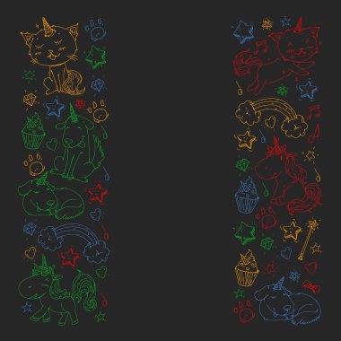 Tek boynuzlu atlar, gökkuşağı, konfeti ve diğer elementlerle desen. Çizgi filmdeki çıkartmalar, raptiyeler ve yamalarla vektör arkaplan. Kediler ve köpekler..