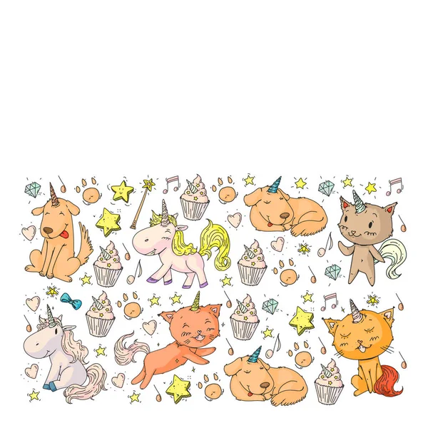 Pattern with unicorns, rainbow, confetti and other elements. Vector background with stickers, pins, patches in cartoon. Cats and dogs. — Stock Vector