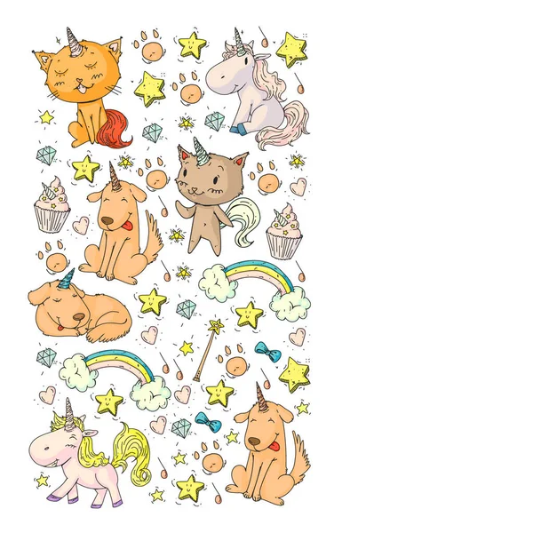 Patrón con unicornios, arco iris, confeti y otros elementos. Fondo vectorial con pegatinas, alfileres, parches en dibujos animados. Gatos y perros. — Vector de stock