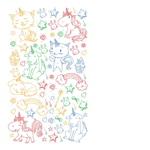 Pattern with unicorns, rainbow, confetti and other elements. Vector background with stickers, pins, patches in cartoon. Cats and dogs. — Stock Vector